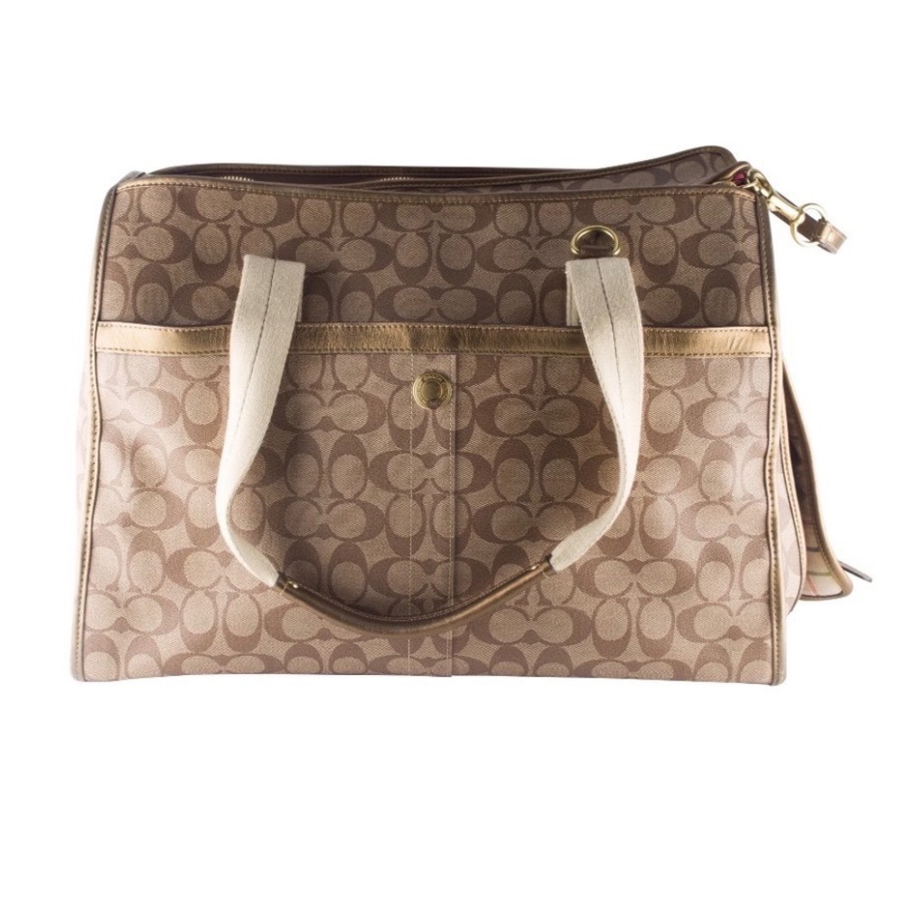 Flawed Gem! Coach Signature Heritage Stripe Pet Carrier Khaki Gold Metallic Bag - Picture 4 of 8